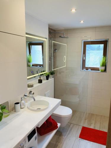 a bathroom with a sink and a toilet and a mirror at Natal Gian in Ischgl