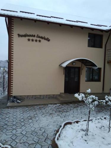 a building with a sign on the side of it at Pensiunea Luminita in Mustăţeşti