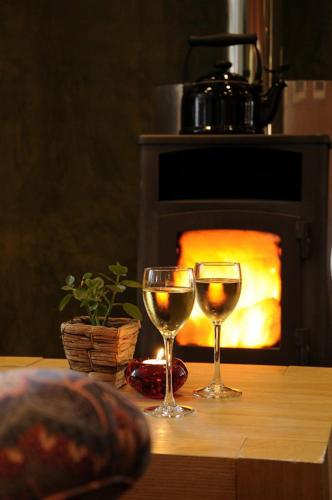 two glasses of wine sitting on a table in front of an oven at Hotel Limburgia in Kanne