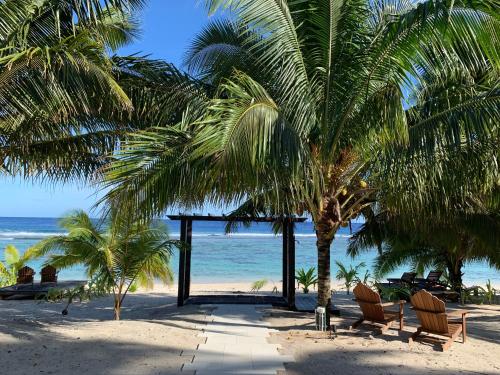a beach with chairs and palm trees and the ocean at Serenity Villas Rarotonga in Rarotonga