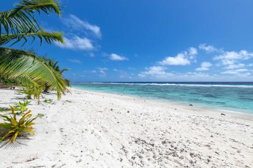 a white beach with palm trees and the ocean at Serenity Villas Rarotonga in Rarotonga