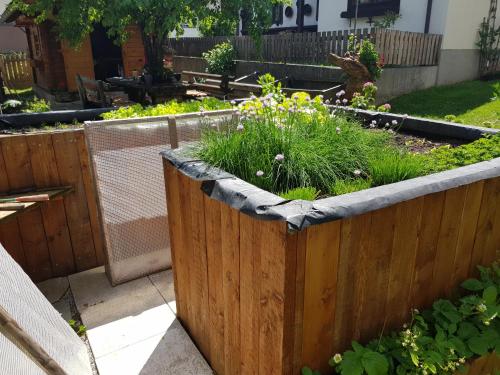 a garden with a wooden fence and some plants at Appartement Königslehen in Radstadt