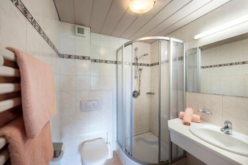 een badkamer met een douche, een toilet en een wastafel bij Lärchenheim in Neustift im Stubaital