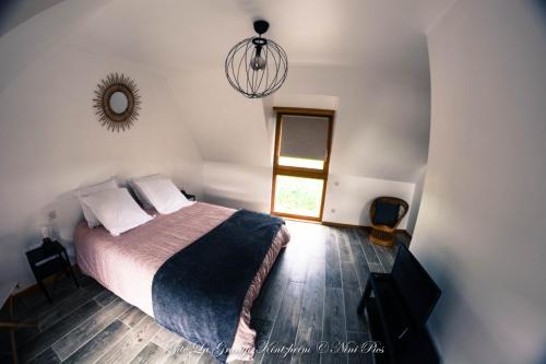 a bedroom with a bed and a window and a chandelier at Gîte Spa La grange in Kintzheim