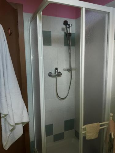 y baño con ducha y puerta de cristal. en Residenza il bosco en Prada