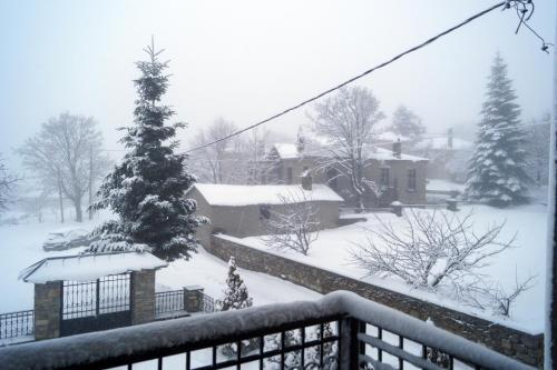 a snow covered yard with a house and a christmas tree at Villa Arcturia in Nimfaíon