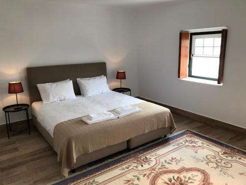 1 dormitorio con 1 cama con 2 mesas y una ventana en Cazal d'Oliveira en Granja