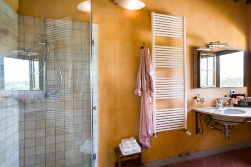 a bathroom with a shower and a sink and a mirror at Fattoria Pogni in Marcialla