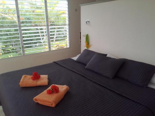 a bedroom with a blue bed with towels on it at Domaine Vista Linda La casita del Loma Vista Mar in Río San Juan