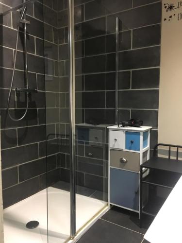 une douche avec une porte vitrée dans une salle de bain dans l'établissement La Grenouillère, à Colmar