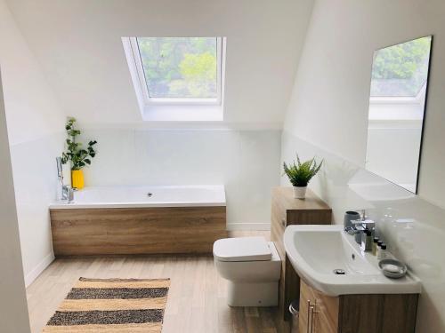 a bathroom with a tub and a toilet and a sink at Shield Penthouse Loft - 2 Bedroom Luxe Large Apartment in Sheffield