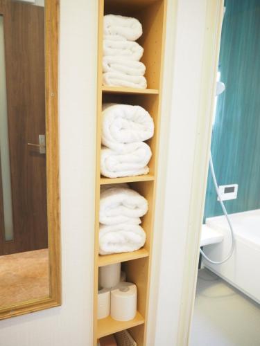 新潟市にあるGUEST HOUSE BOSTONSのバスルーム(タオルラック、タオル付)