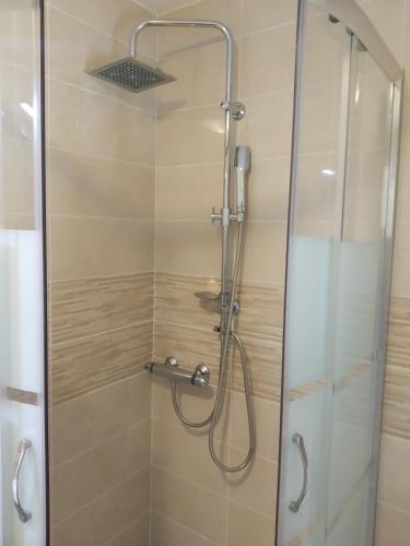 a shower with a glass door in a bathroom at Apartman Manuela in Matulji
