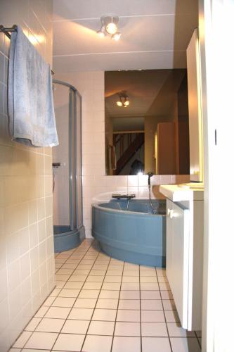 a bathroom with a blue tub and a sink at Vakantievilla Markant in Balk