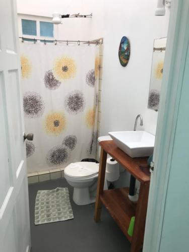 y baño con aseo y cortina de ducha. en green house two bedrooms en Sámara