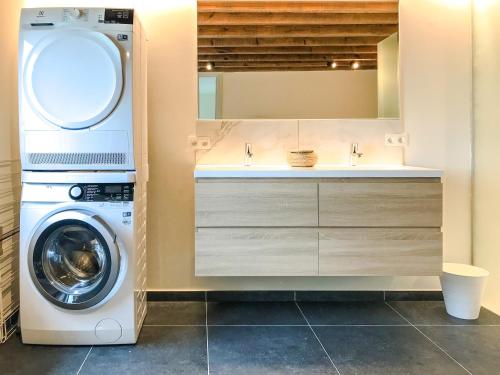 a bathroom with a washing machine and a sink at vakantiewoning Het Boomkwekerijhuis in Zonnebeke