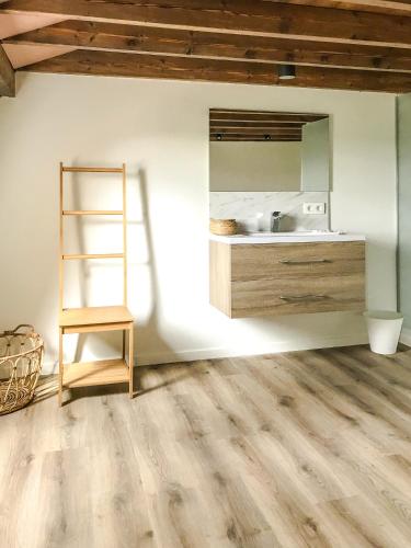 a room with a sink and a ladder and a mirror at vakantiewoning Het Boomkwekerijhuis in Zonnebeke