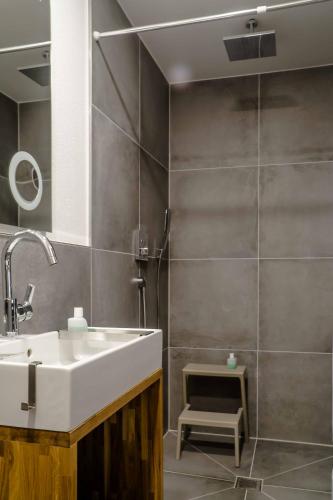 a bathroom with a sink and a shower at Modernes Apartment BLUES in ruhiger Altstadtlage perfekt für Paare Genießer und Auszeiten in der Weinregion Ihr gemütliches Zuhause in Besigheim in Besigheim