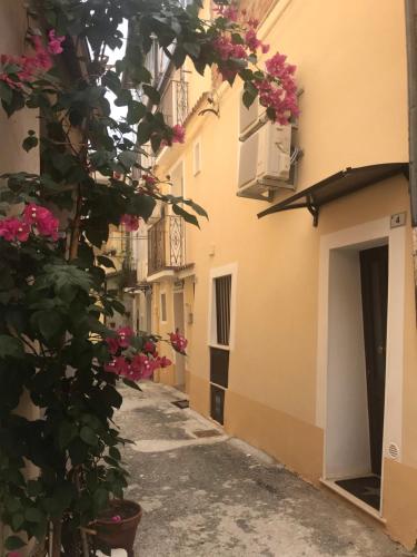 a narrow alley with pink flowers in a building at B&B San Giovanni in Lamezia Terme