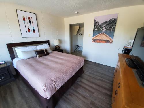 a bedroom with a large bed and a television at Value Lodge Motel in Nanaimo