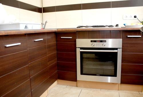 グディニャにあるApartament na Świętojańskiejのキッチン(木製キャビネット、ステンレス製オーブン付)