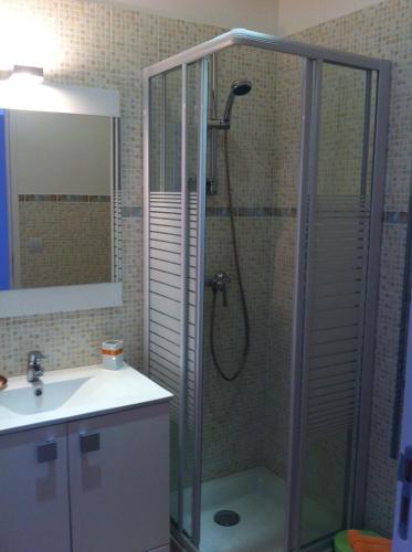 une salle de bain avec douche et lavabo dans l'établissement Les cigales des près appartement, à Aups