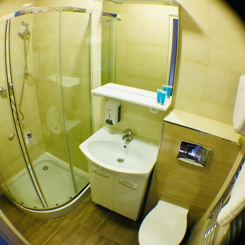 a bathroom with a shower and a sink and a toilet at Gościniec Skwierzyna in Skwierzyna