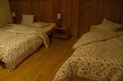 a bedroom with two beds and a table with a lamp at Horská chalupa U Hančilů in Pec pod Sněžkou
