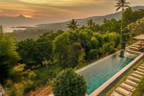 a swimming pool in the middle of a forest at The Puncak Lombok in Senggigi