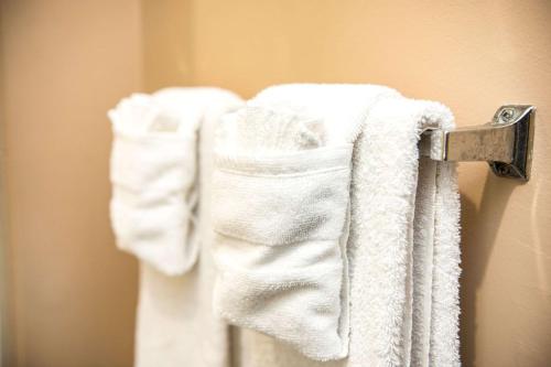 a group of towels hanging on a towel rack at Suburban Studios Charlotte-Ballantyne in Charlotte