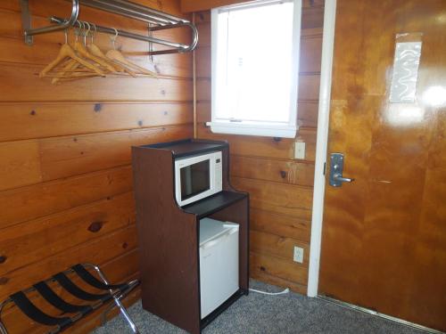 Zimmer mit einer Mikrowelle auf einem Regal und einem Fenster in der Unterkunft Arlington Inn in Port Clinton