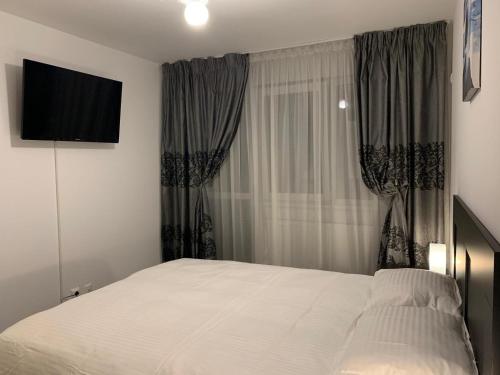 a bedroom with a bed and a window with a television at Apartament Cristina in Bucharest