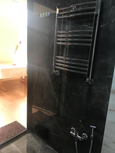 a bathroom with a shower with a black wall at Beaming_House in Sheki