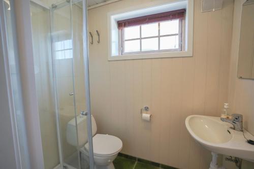 a bathroom with a toilet and a sink and a shower at Røde Kors ground floor in Brunstad