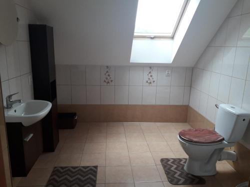 a bathroom with a toilet and a sink and a skylight at Dom nad Jeziorem in Mucharz