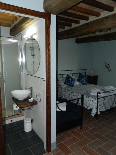 a bedroom with a bed and a sink and a mirror at La Moiana 1756 in Castiglione dʼOrcia