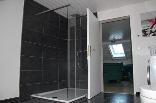a shower with a glass door in a bathroom at Ferienwohnung Abersfelder mit Balkon in Wildflecken