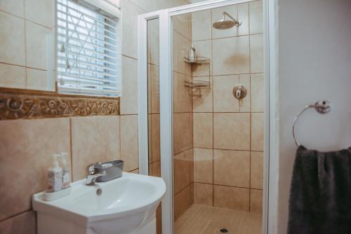 a bathroom with a sink and a shower at Yellow Door in Bloemfontein