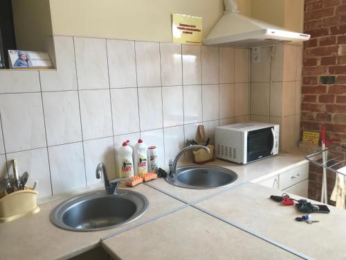 a kitchen counter with a sink and a microwave at Kotsarskaya street 19 in Kharkiv