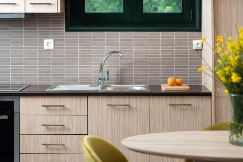 a kitchen with a sink and a table at Agapi's Home in Roussospítion