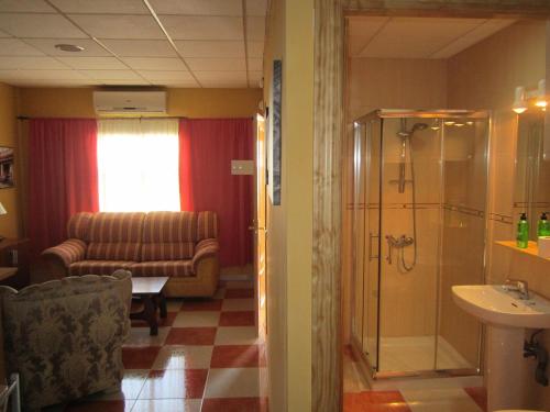 a bathroom with a shower and a couch and a sink at Apartamentos Venta Don Quijote in Almagro