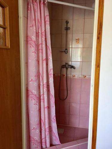 a bathroom with a shower with a pink shower curtain at Pokoje u Bożeny i Zbyszka in Lipie