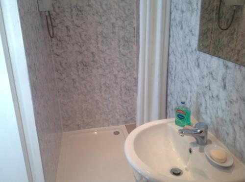 a bathroom with a white sink and a shower at The Clan Macfarlane Apartment in Kilmarnock