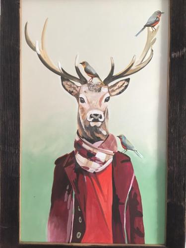 a painting of a deer with two birds on it at Pension Haus Sanz in Vienna