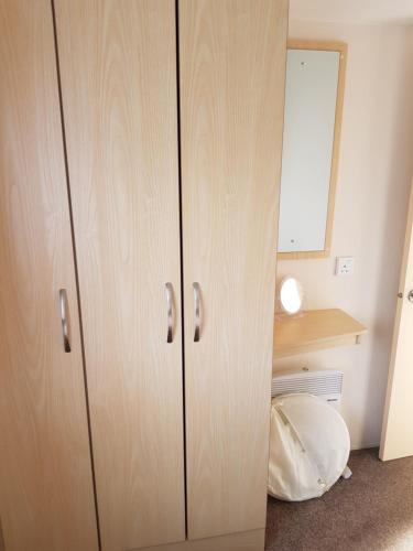 a cupboard in a room with a mirror at Caravan Willerby Gold Star in Looe