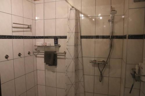 a bathroom with a shower stall and a sink at Hostel Bad Salzig in Boppard
