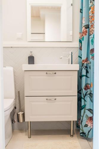 a bathroom with a white sink and a mirror at KaksTeist Apartments in Haapsalu