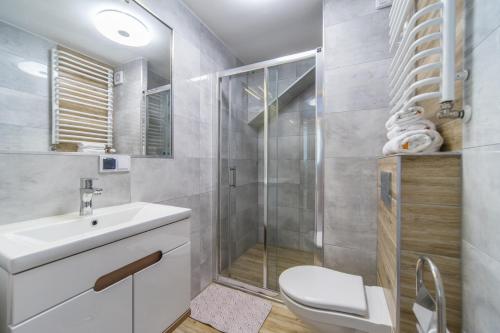 a bathroom with a shower and a sink and a toilet at ORKA in Pobierowo