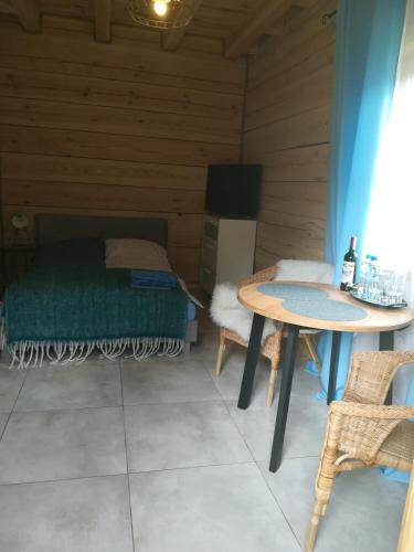 a room with a bed and a table and chairs at Fajna Chatka in Ustrzyki Dolne