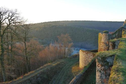 a stone wall on a hill with trees and water at vakantiehuis met hottub en zicht op de Semois in Herbeumont